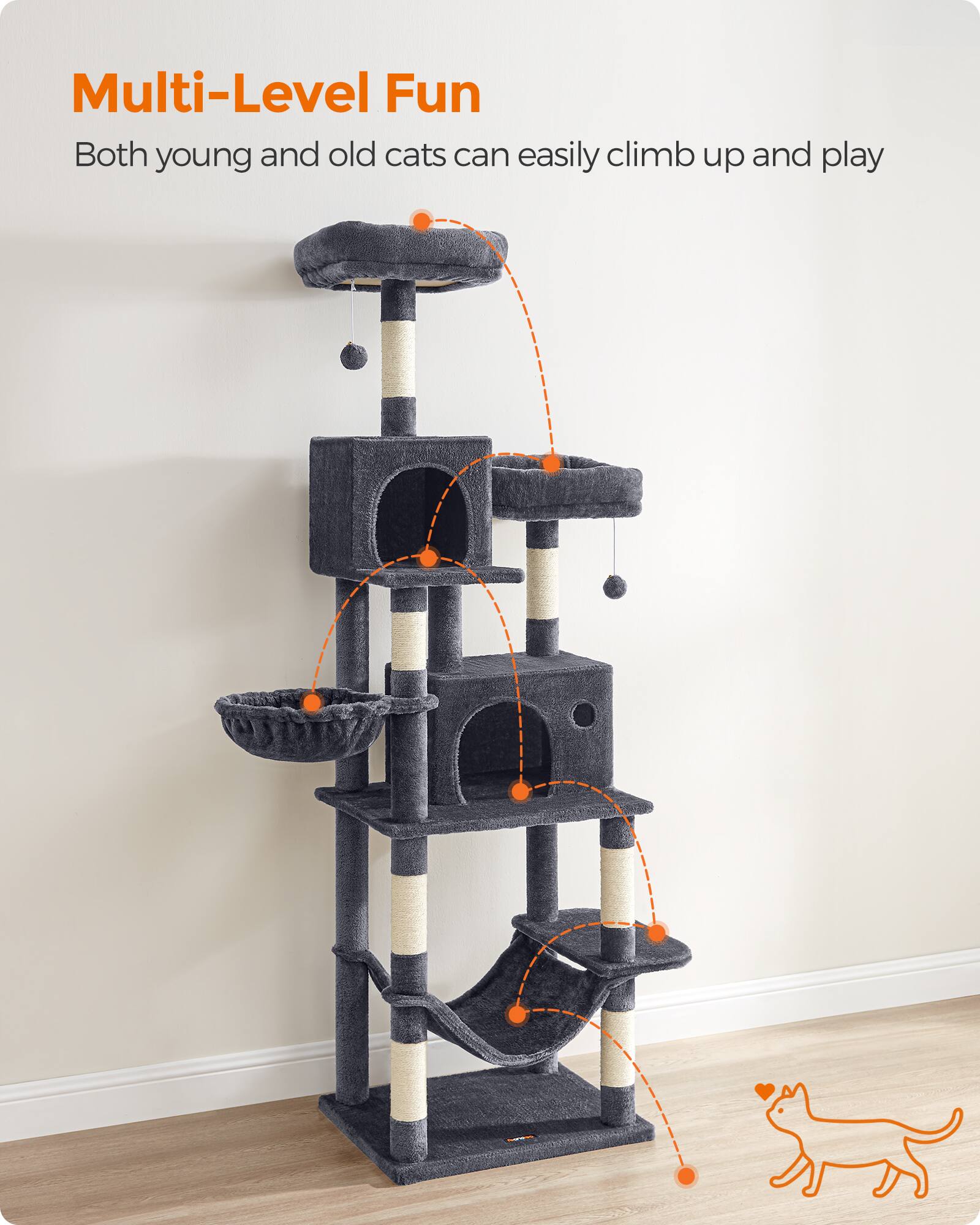 Multi-Level Fun  
Both young and old cats can easily climb up and play