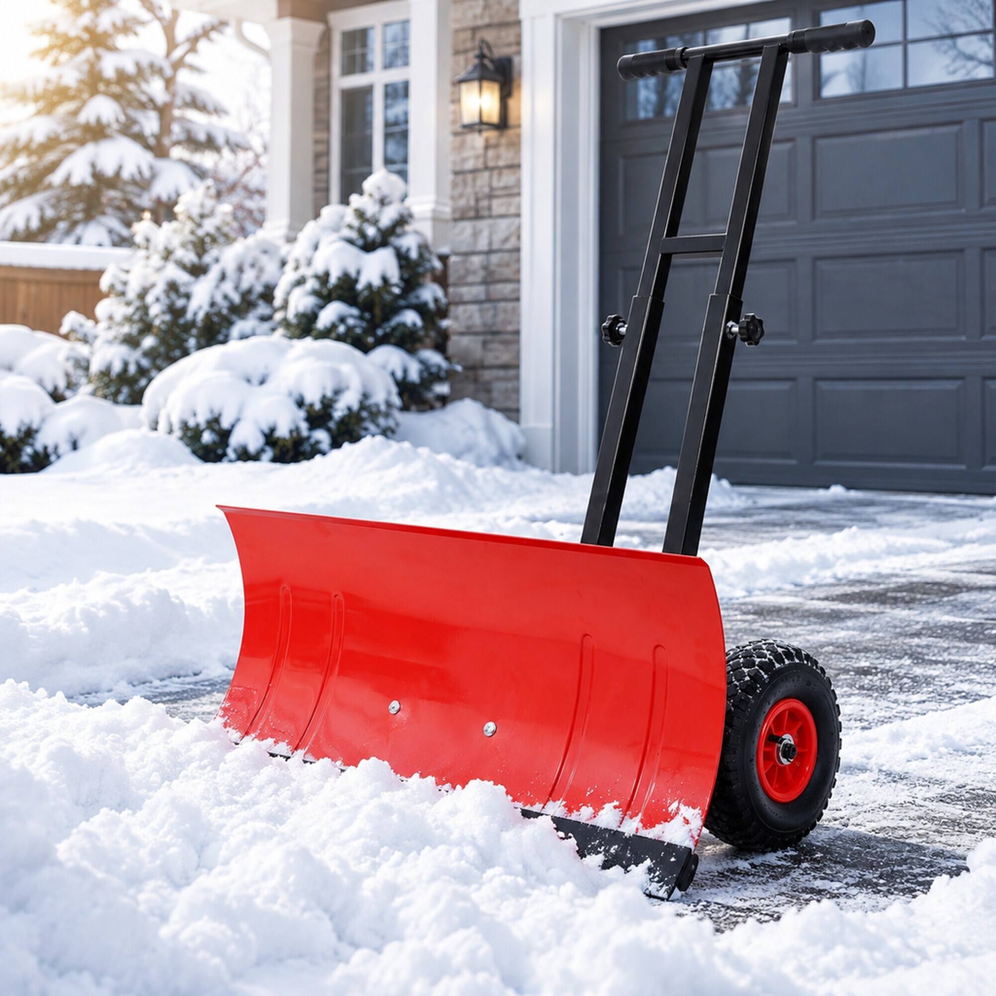Left. RYHNUYNE - Dual Bar Snow Shovel with Wheels, 29 in Blade, 10 in Rubber Wheels, Adjustable Handle, Snow Pusher - Black+Red.