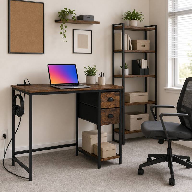 Angle. WELLFOR - 38" Computer Desk with Charging Station & 2 Fabric Drawers,Home Office Desk Writing Desk for Small Spaces - Rustic Brown.