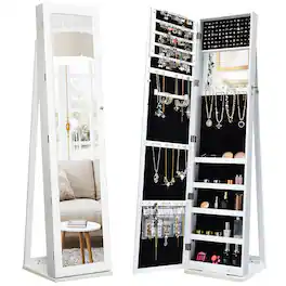 Costway - Mirrored Jewelry Cabinet Lockable Standing Storage Organizer with Shelf - White