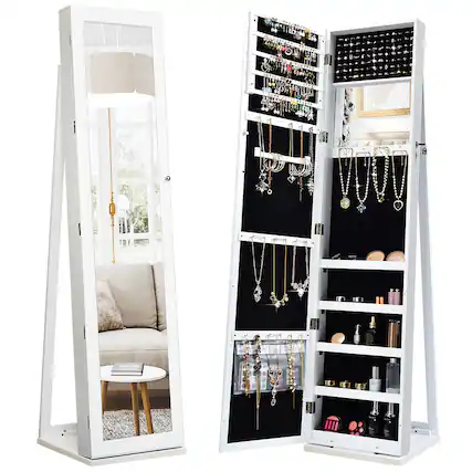 I'm sorry, but the text you provided does not seem to be related to the image. The image shows a white cabinet with a mirror and various compartments for storing jewelry, makeup, and other items. It is open and filled with jewelry and makeup.