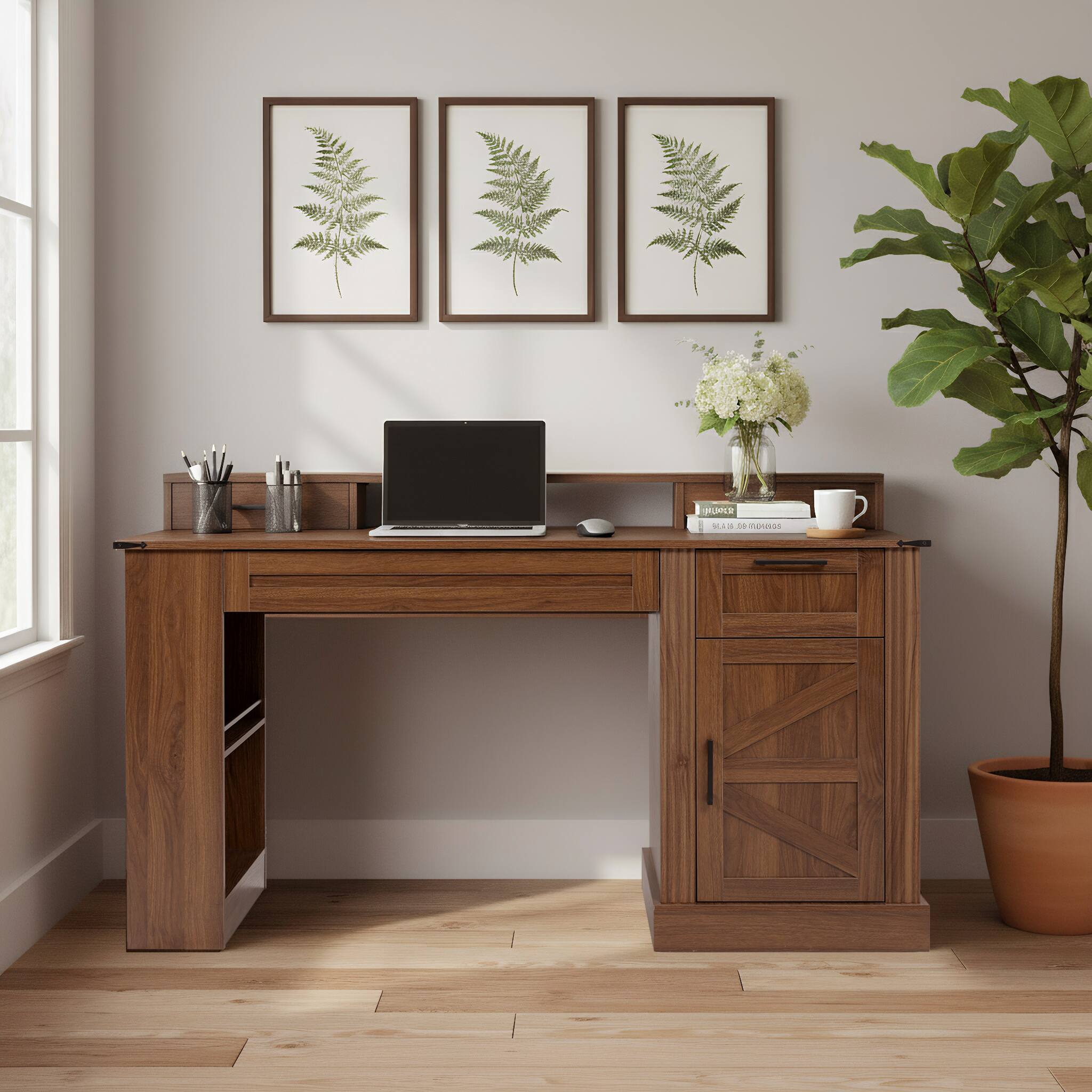 Alt View 1. Boyel Living - 55 Inch Farmhouse Desk with Barn Door Cabinet and Charging Station Dark Walnut - White.