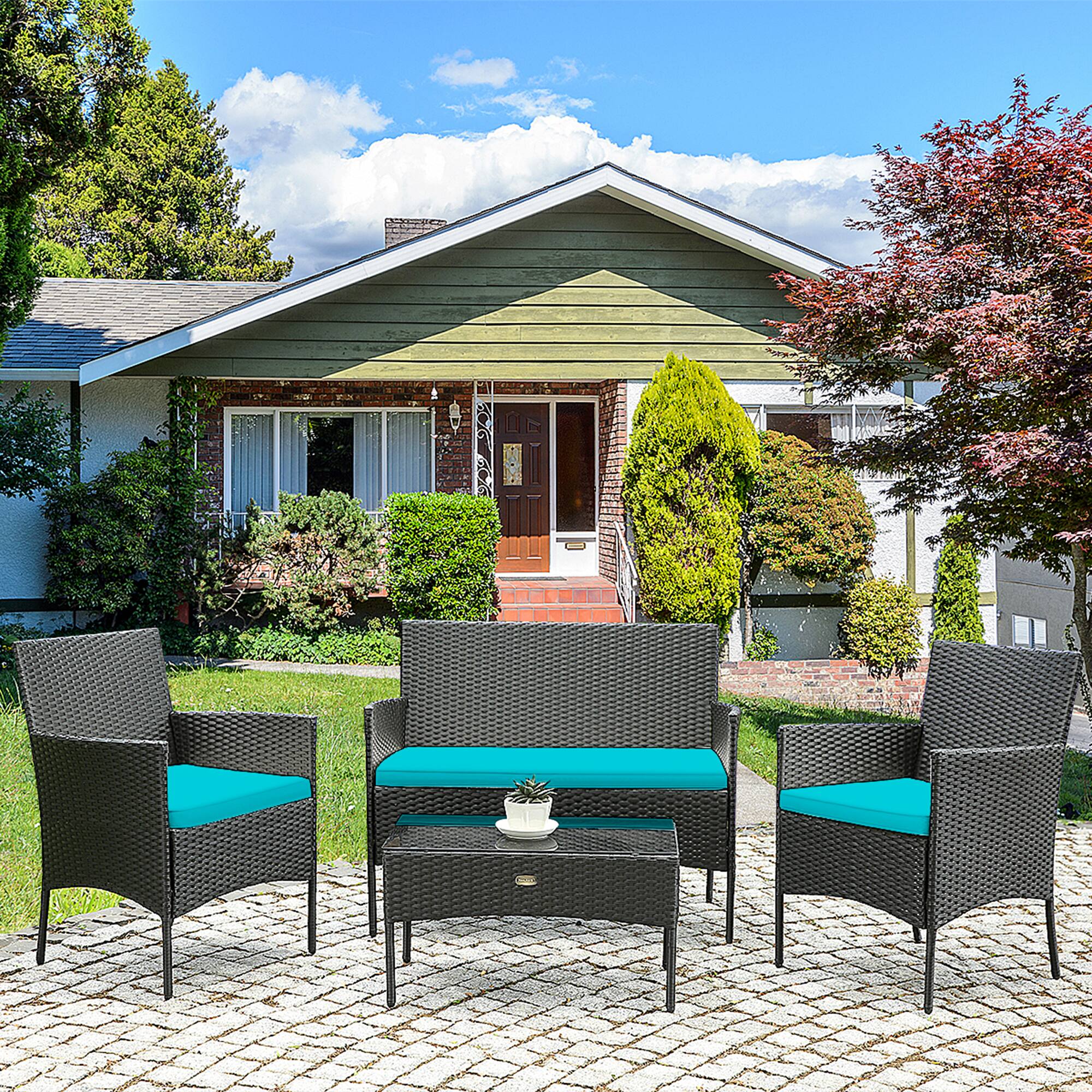 Alt View 3. Gymax - Gymax 8PCS Outdoor Furniture Set Patio Rattan Conversation Set w/ Turquoise Cushion - Turquoise.
