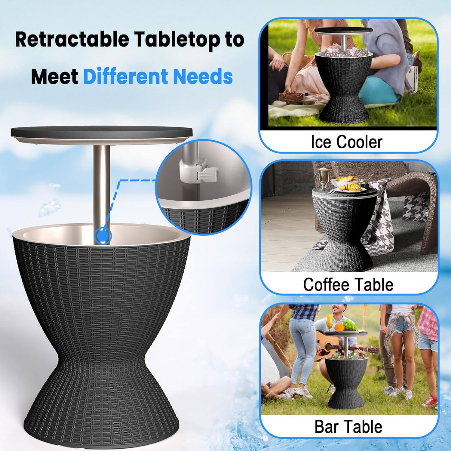 Retractable Tabletop to Meet Different Needs

- Ice Cooler
- Coffee Table
- Bar Table