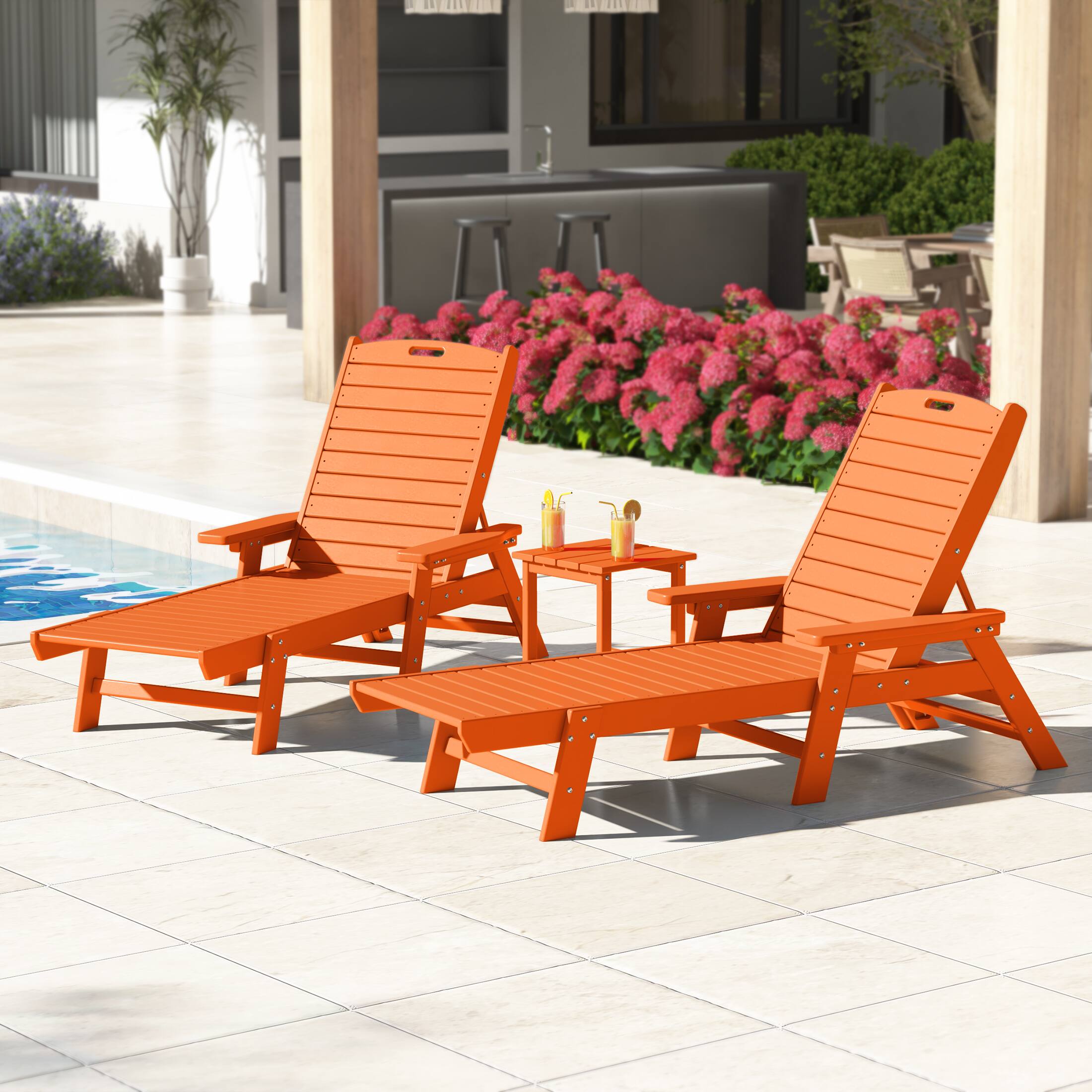 Angle. WestinTrends - WestinTrends Malibu 3 piece Set Poly Adirondack Outdoor Chaise Lounges with Side Table - Orange.
