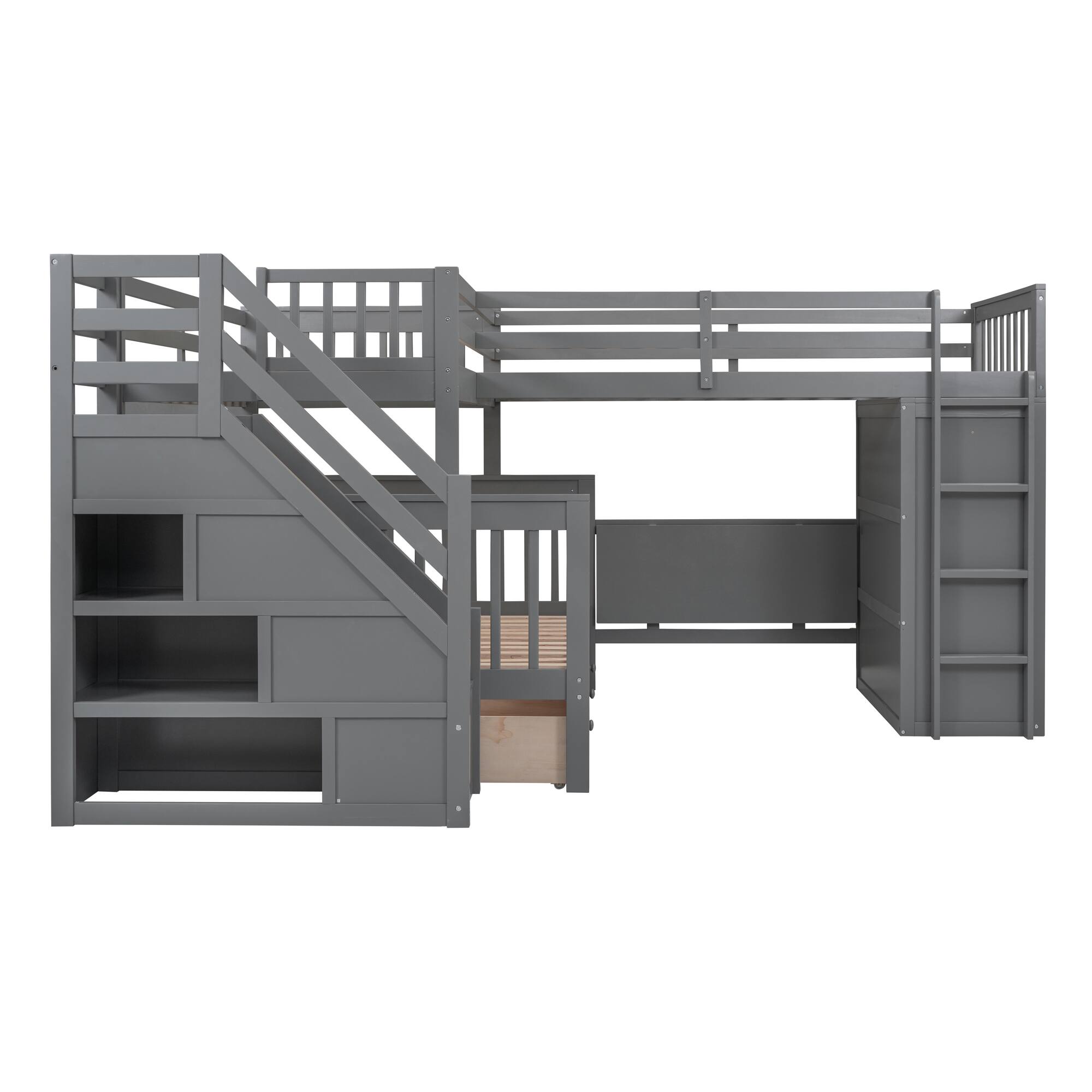 Alt View 8. Tiramisubest - Twin-Twin Full L-Shaped Bunk Bed with 3 Drawers, Desk & Wardrobe, Gray - Gray.