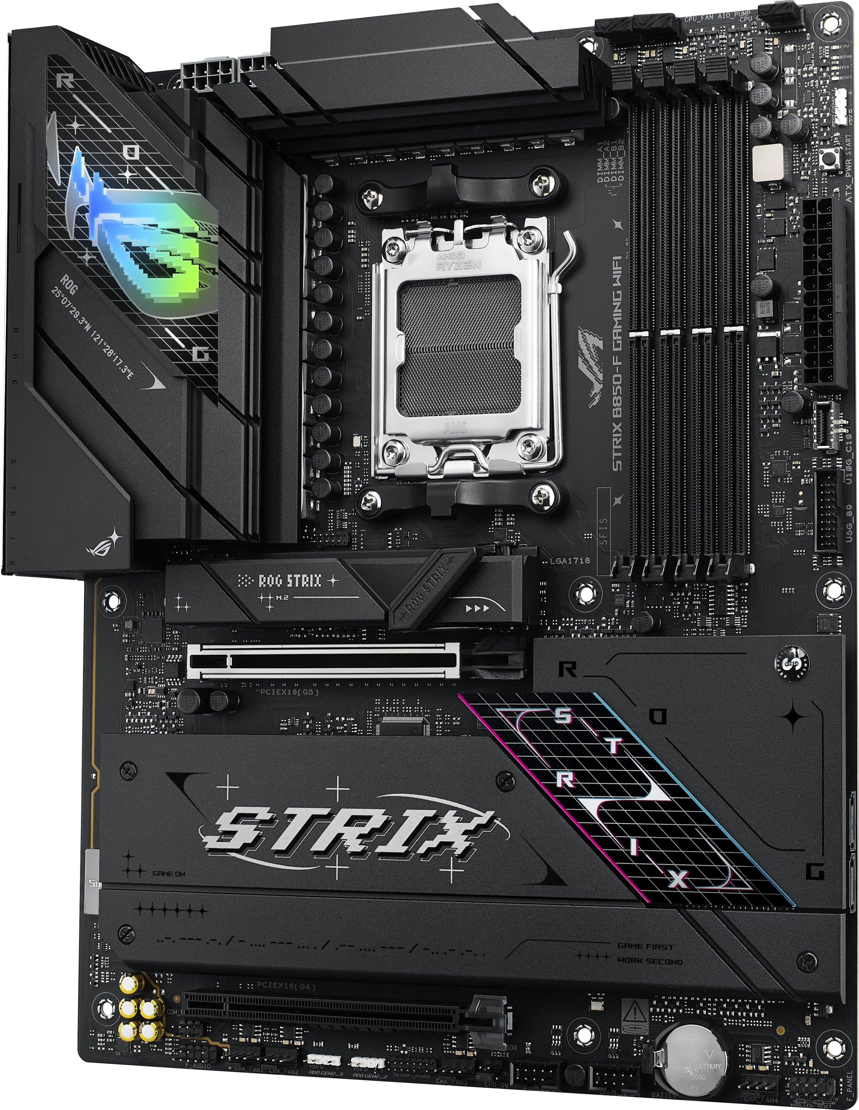 The text on the image reads: "G0DD . ROG 2507:29.3N 121 12128'17.3"E .3"E ASO RYEEN AM MILI GAMING B850-F STRIX B R0G STRIX STRIXA a 121 .LGA1718 R .. PCIEX16(04) . 1 lmI". This text is a mix of various elements, including a name, coordinates, and possibly some technical specifications. To group and correct the text, I would suggest organizing it into separate lines or sections, such as:
1. Name: STRIX
2. Coordinates: 2507:29.3N 121 12128'17.3"E .3"E
3. Description: ASO RYEEN AM MILI GAMING B850-F STRIX B R0G STRIX STRIXA a 121 .LGA1718 R .. PCIEX16(04) . 1 lmI
This would make the text more readable and easier to understand.