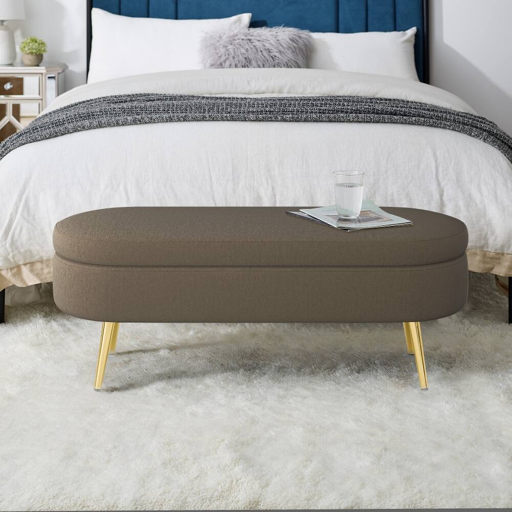Back. Ropilly - Ropilly Brown Oval Storage Ottoman Flannel Bench Metal Legs - Brown.