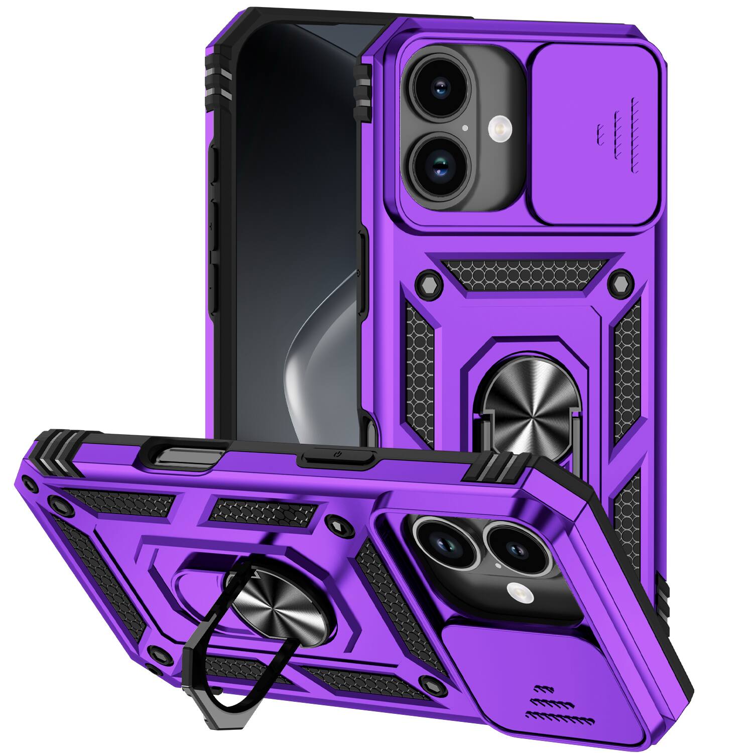 Front. UUCOVER - Rugged Protective Case for Apple iPhone 17,Shockproof TPU+PC Case Slide Camera Cover Ring Holder Stand Cover - Purple.