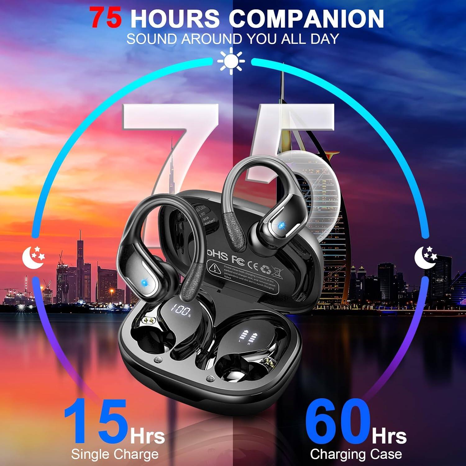 75 HOURS COMPANION  
SOUND AROUND YOU ALL DAY  

15 Hrs Single Charge  
60 Hrs Charging Case