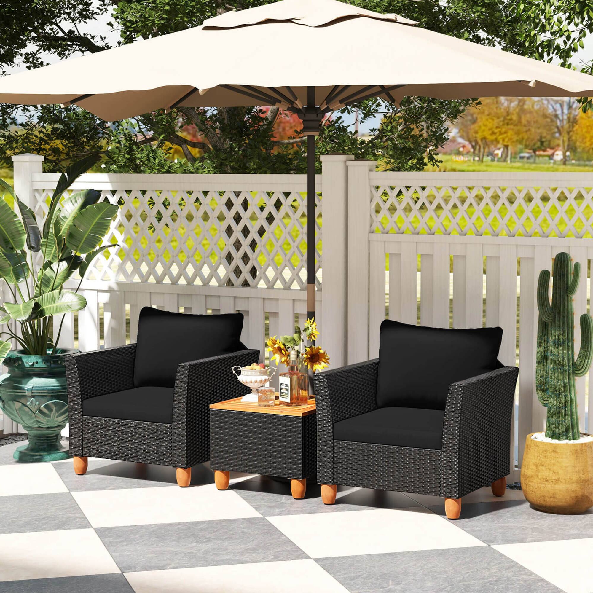 Alt View 5. Costway - Costway 3PCS Patio Rattan Furniture Set Cushioned Sofa Storage Table with Wood Top - Black.
