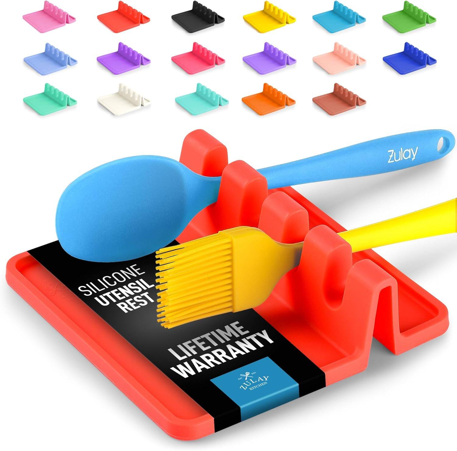 Zulay Kitchen - Silicone Utensil Rest with Drip Pad for Multiple Utensils - Heat-Resistant & Spoon Holder for Stove Top - Red