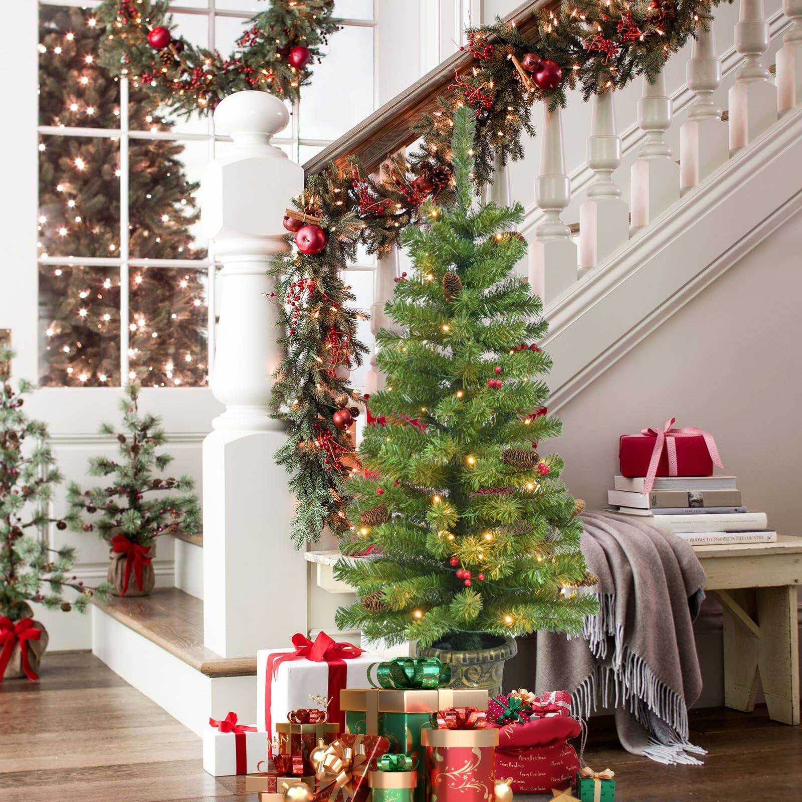 Alt View 5. Skar Audio - Artificial Potted Christmas Tree With Lights Mini 50 Led Spruce 140 Branch Tips Pine Cones& - Green 4ft.