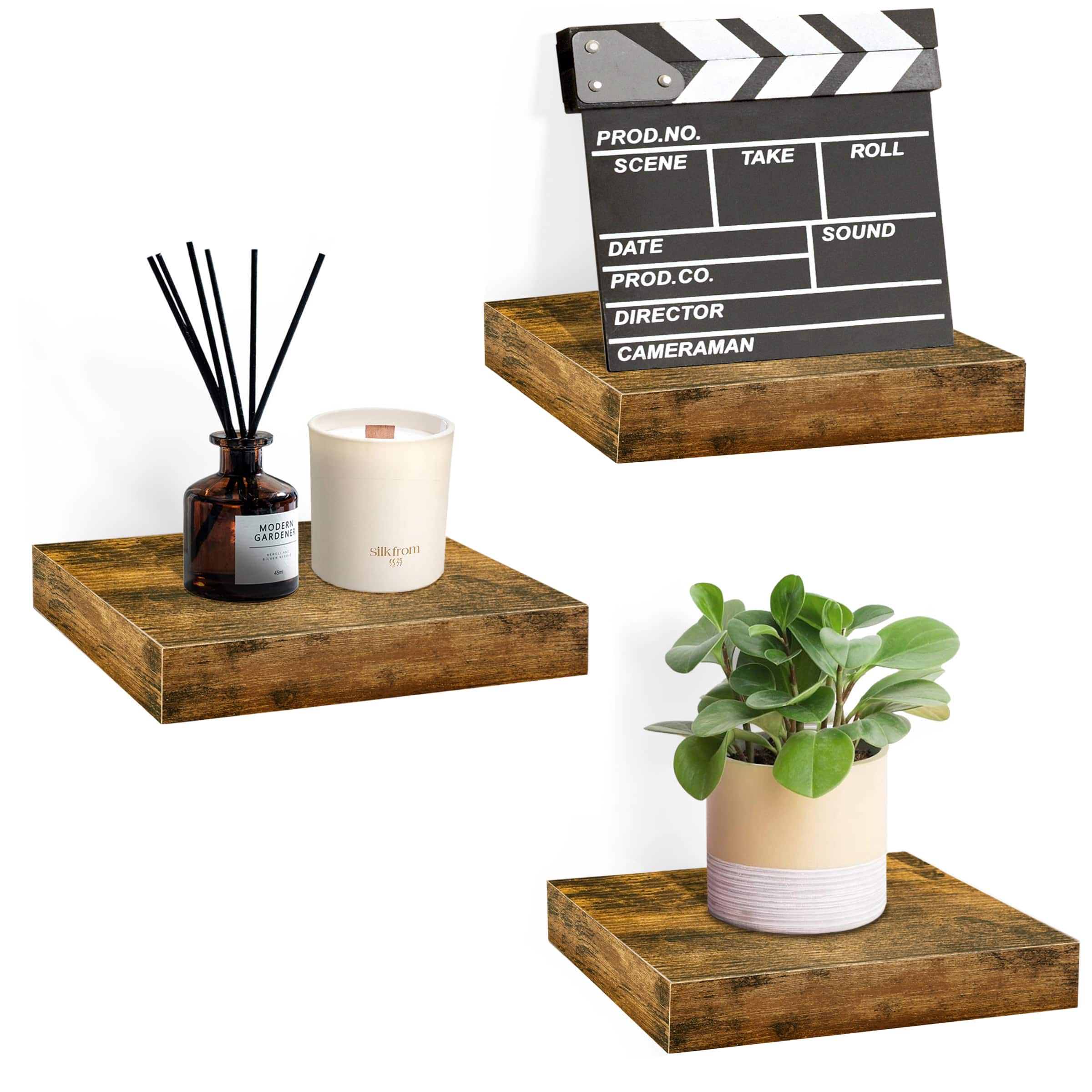 Set of 3 (9") Sorbus Square Floating Shelves with Mounting Brackets - Living Room, Bedroom, Bathroom, Home & Kitchen - Brown