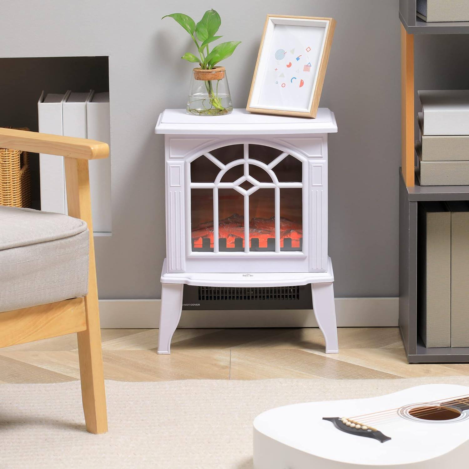 Angle. MOOSOO - 18" Free Standing Electric Fireplace Stove, Fire Place Heater with Realistic Flame Effect, 750W / 1500W - White.