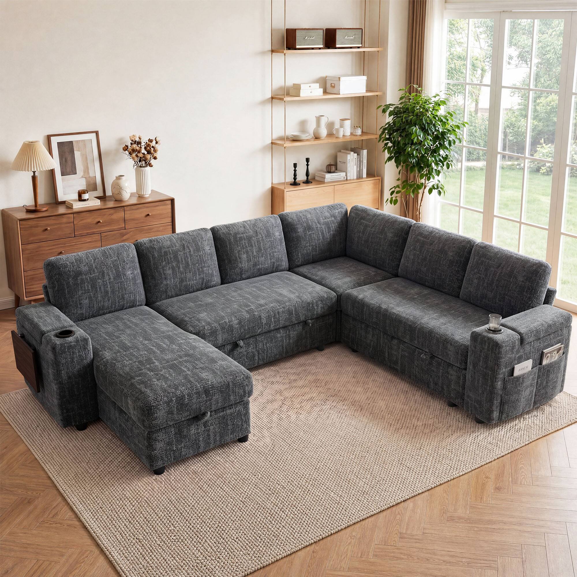 Angle. Vipbear - 110" Modular Sectional Sleeper Sofa with Pull Out Bed, 7 Seat L Shaped with Storage|USB Ports|Cup Holders|Side Table - Gray.
