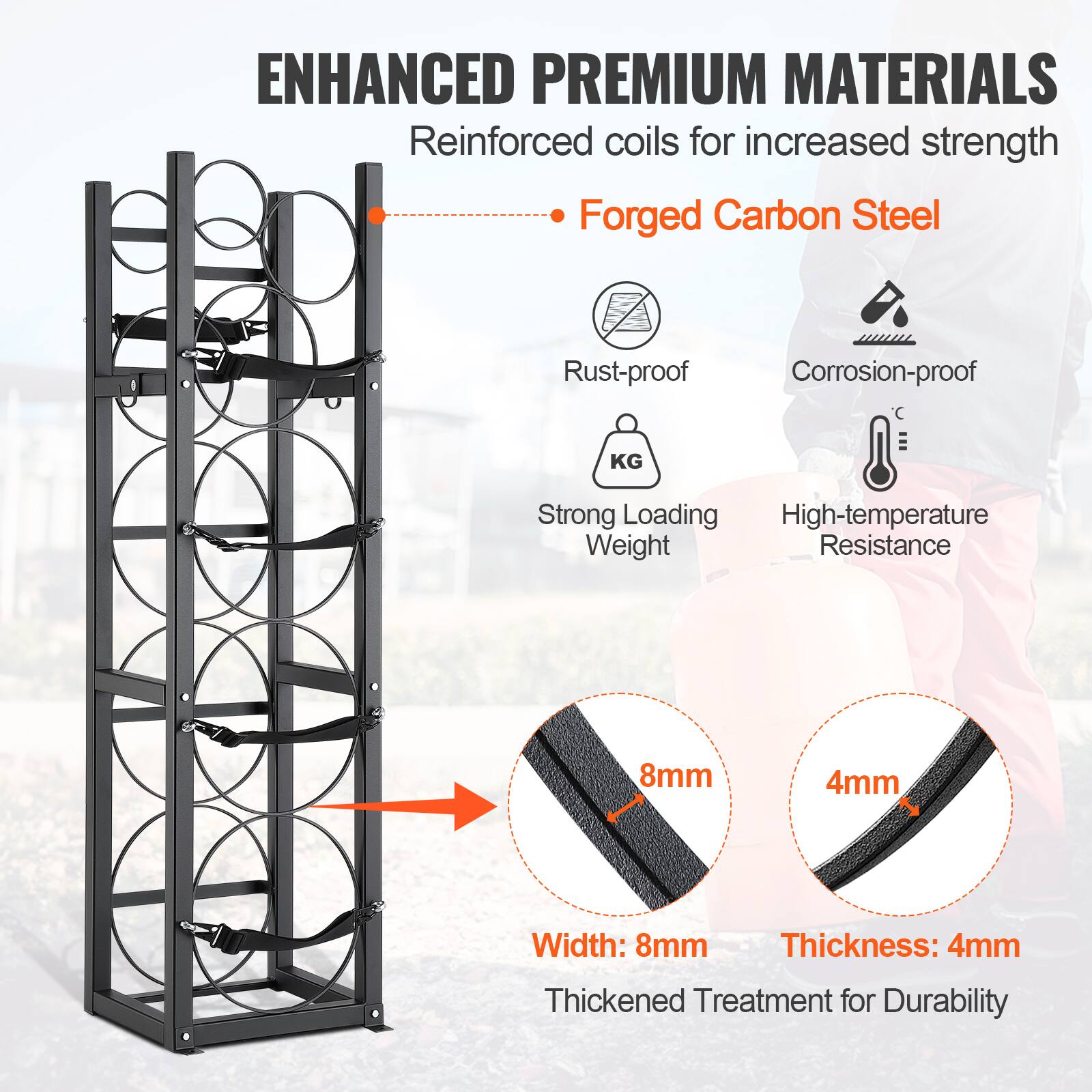 ENHANCED PREMIUM MATERIALS  
Reinforced coils for increased strength  
- Forged Carbon Steel  
  - Rust-proof  
  - Corrosion-proof  
  - Strong Loading Weight  
  - High-temperature Resistance  

Width: 8mm  
Thickness: 4mm  
Thickened Treatment for Durability