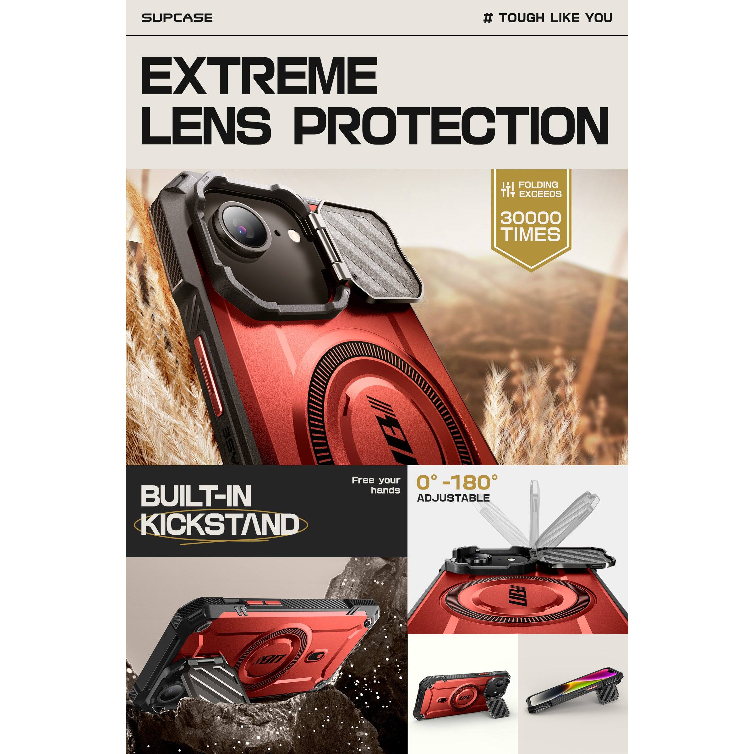 SUPCASE  
# TOUGH LIKE YOU  

EXTREME LENS PROTECTION  

FOLDING EXCEEDS 30000 TIMES  

BUILT-IN KICKSTAND  

Free your hands  

0°-180° ADJUSTABLE