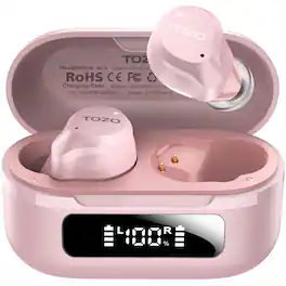 TOZO - NC9 Hybrid Noise Cancelling Earbud, Bluetooth 5.3 Headphone, 60H, 6 Mic ENC Clear Calls, Stereo Deep Bass - Pink