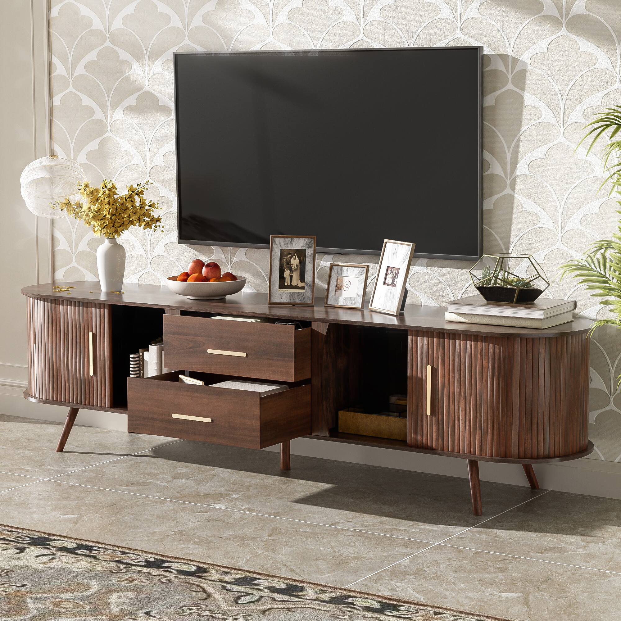 Angle. Dexmalle - Dexmalle-Mid-Century TV Stand for 80 Inch TVs Entertainment Center with Storage-Walnut - Brown.