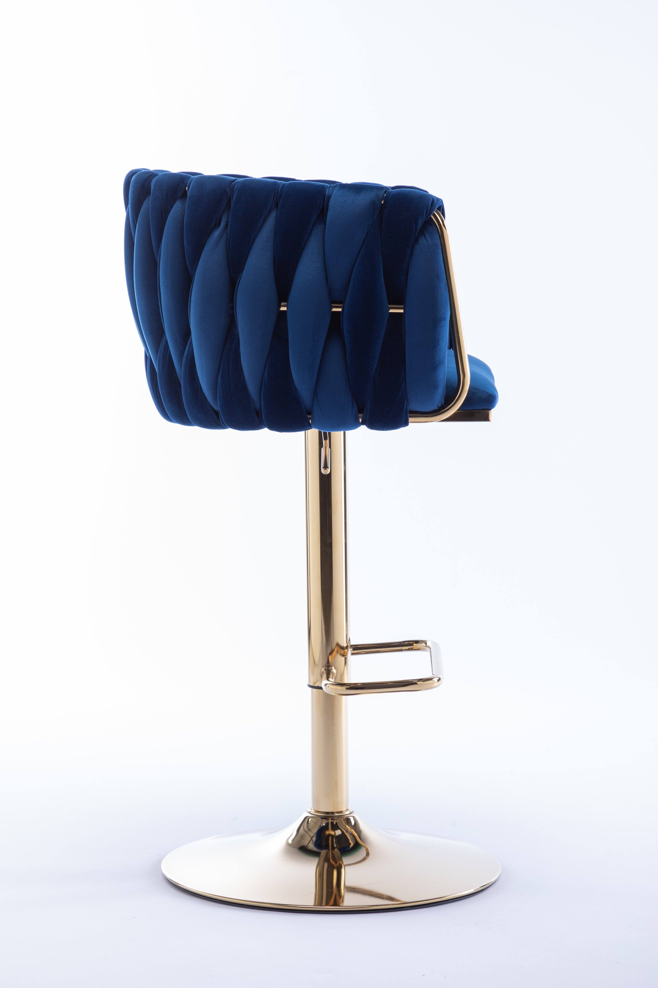 Angle. PexFix - Modern Velvet Bar Stools, Set of 2, Adjustable Swivel with Golden Legs, Chrome Base for Kitchen Island, Home Bar - Navy.