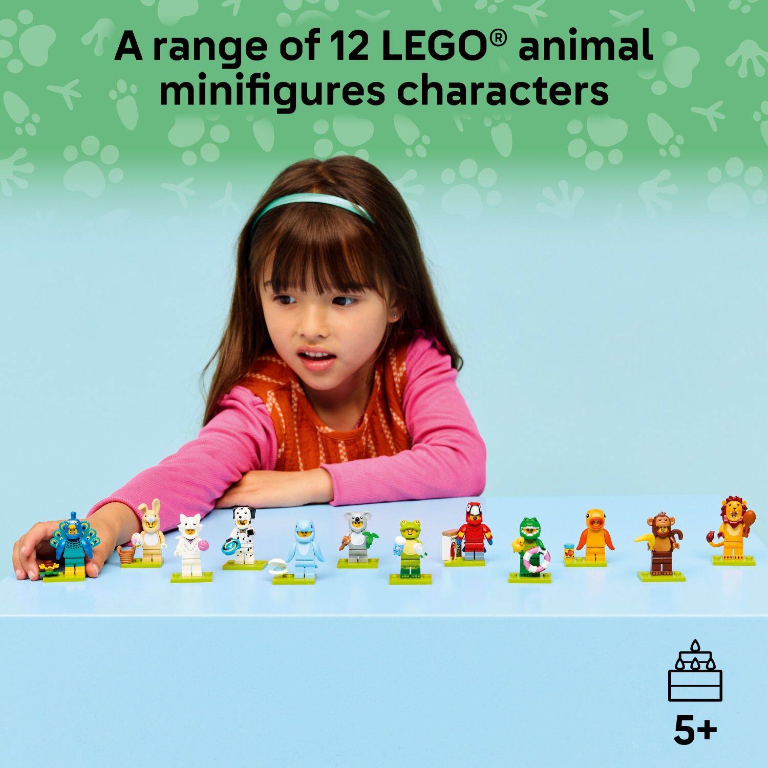 A range of 12 LEGO® animal minifigures characters  
5+