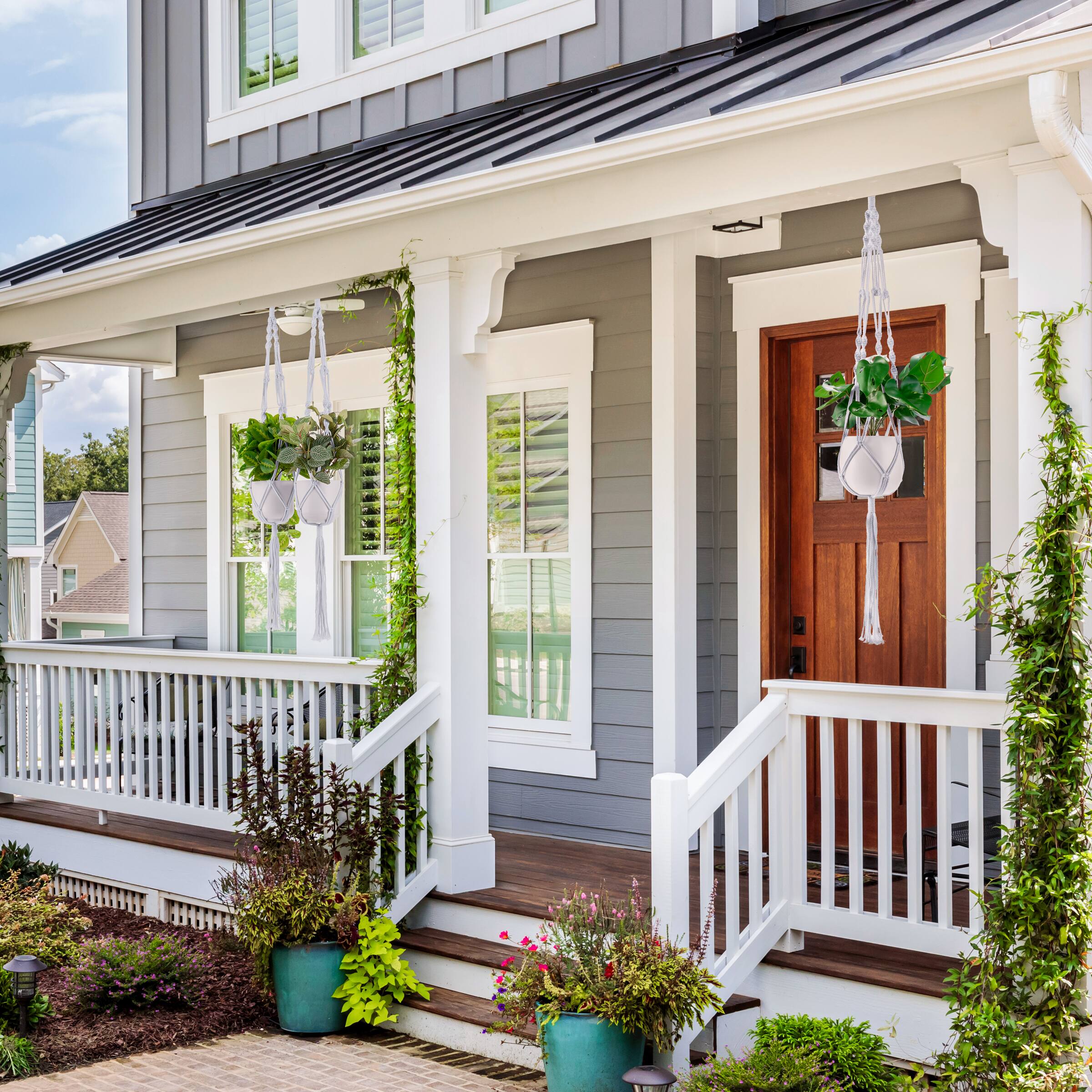 Alt View 4. Sorbus - Sorbus Macrame Plant Hanger (8 Pack) Indoor Outdoor Hanging Plant Pots Cotton Rope for Home, Patio, Garden (White) - White.