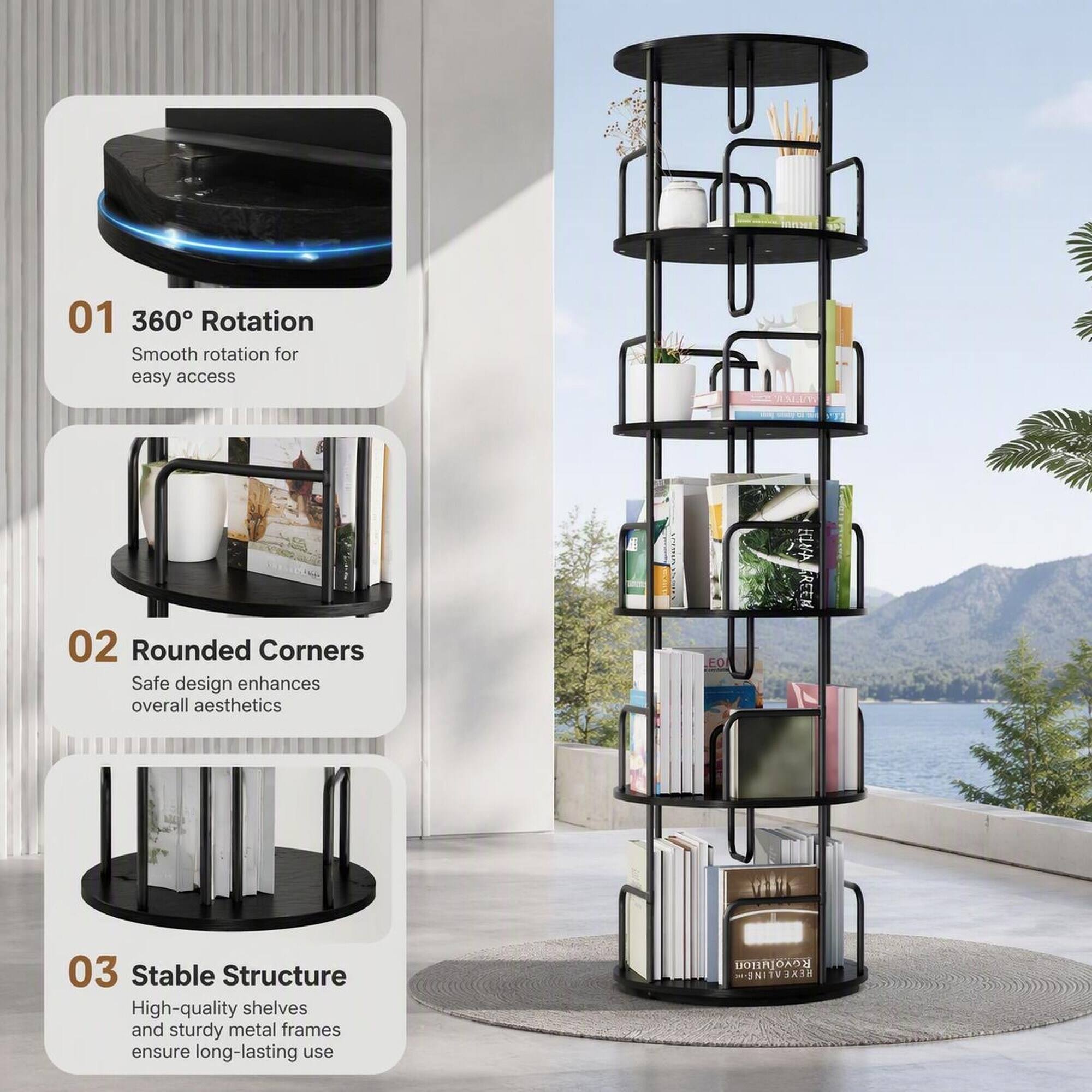 01 360° Rotation  
Smooth rotation for easy access

02 Rounded Corners  
Safe design enhances overall aesthetics

03 Stable Structure  
High-quality shelves and sturdy metal frames ensure long-lasting use