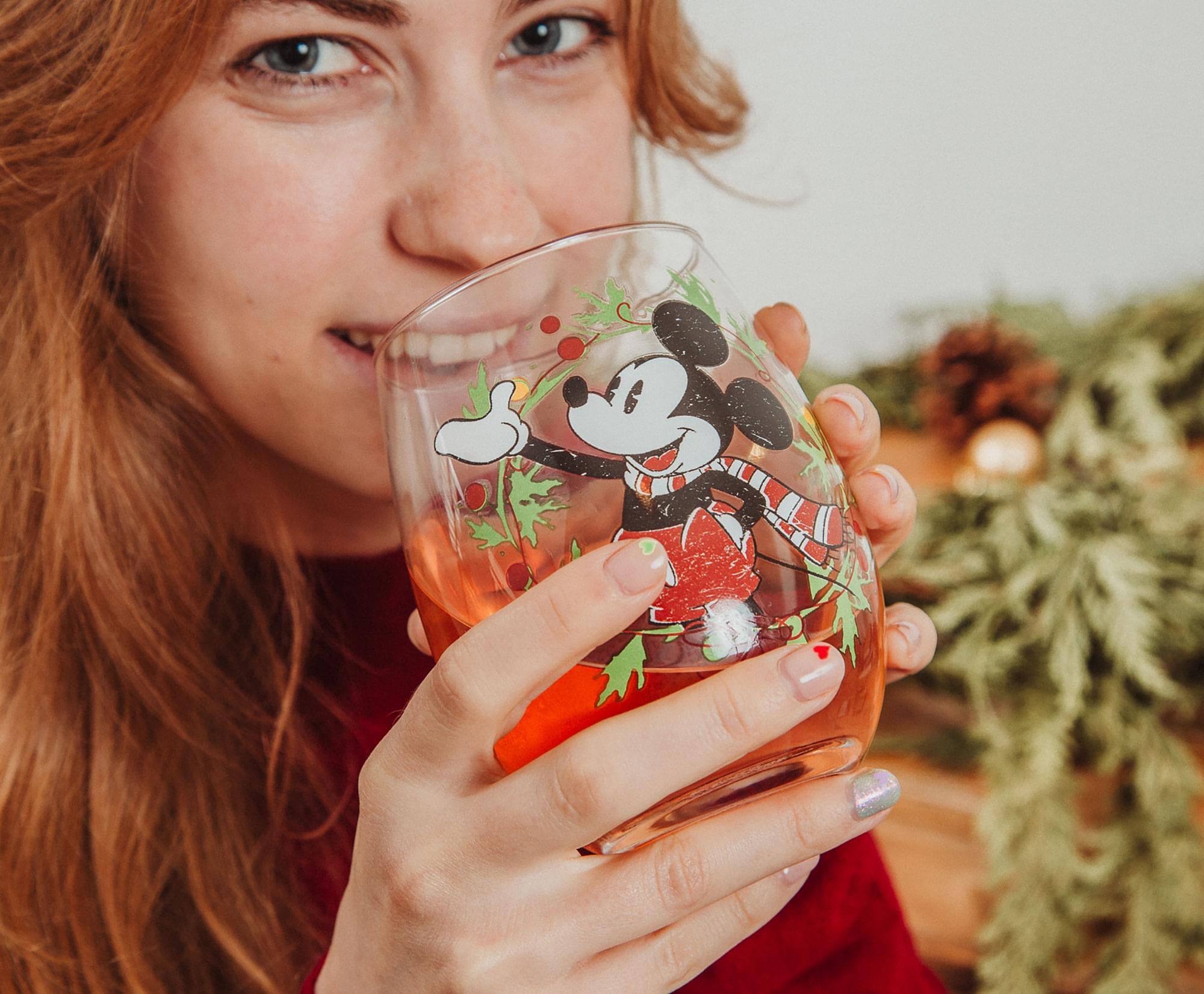 Alt View 3. Silver Buffalo - Disney Mickey Mouse Christmas Wreath Stemless Wine Glass | Holds 20 Ounces - Red.