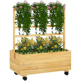 Outsunny - Raised Garden Bed with Trellis and Wheels, Outdoor Wooden Elevated Planter Box, Freestanding Raised Flower Bed - Natural Wood