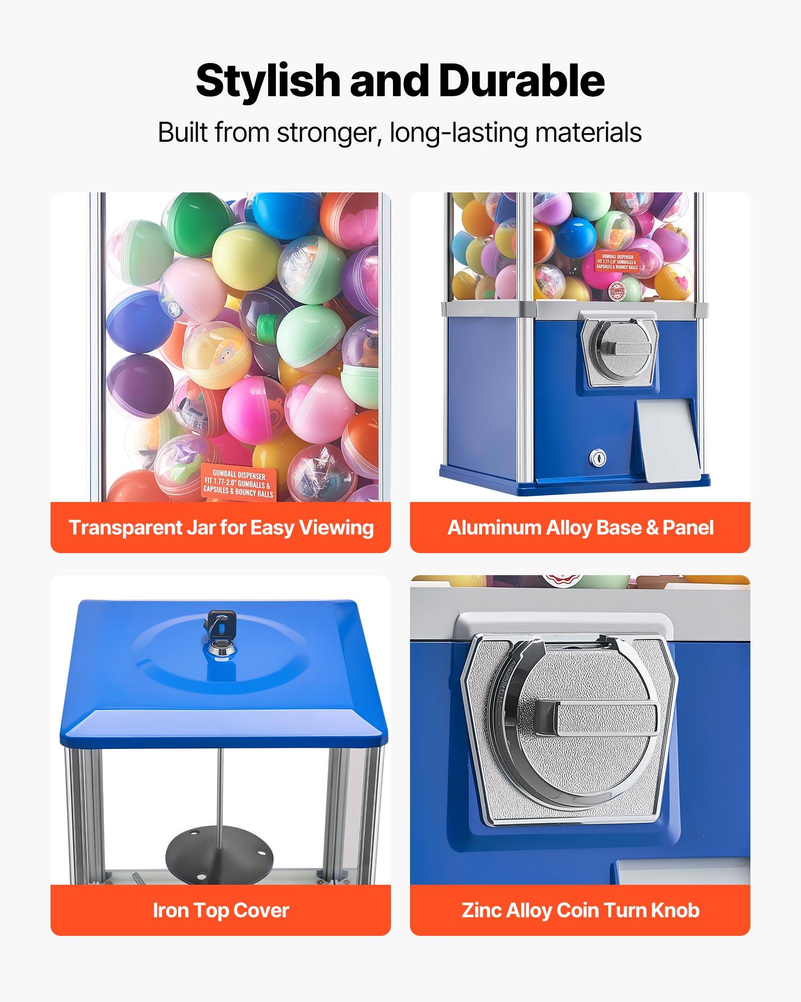 Stylish and Durable  
Built from stronger, long-lasting materials  

- Transparent Jar for Easy Viewing  
- Aluminum Alloy Base & Panel  
- Iron Top Cover  
- Zinc Alloy Coin Turn Knob