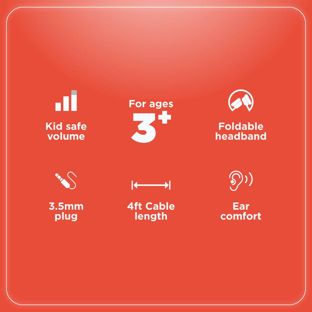 - Kid safe volume
- For ages 3+
- Foldable headband
- 3.5mm plug
- 4ft Cable length
- Ear comfort