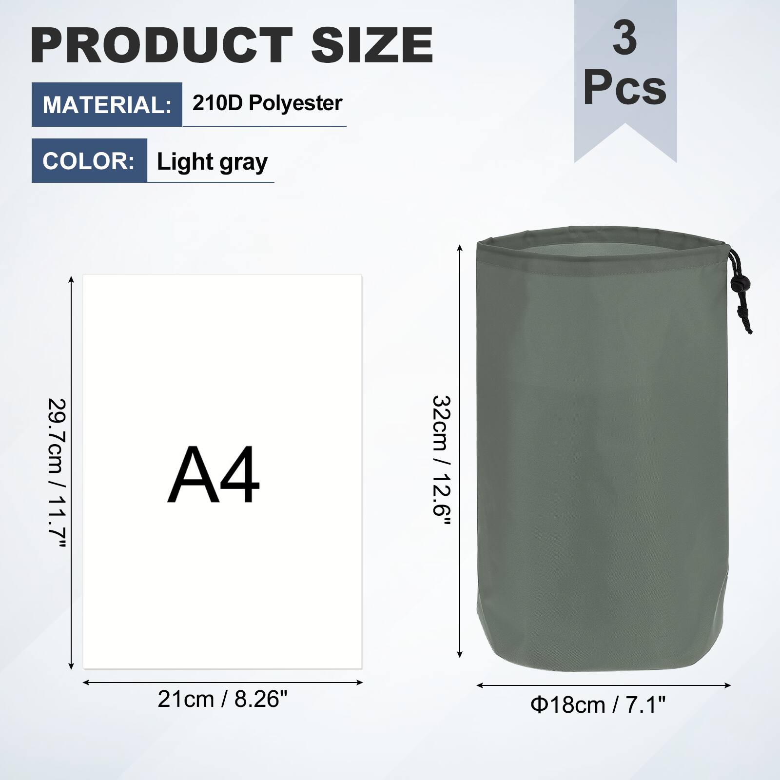 PRODUCT SIZE  
MATERIAL: 210D Polyester  
3 Pcs  
COLOR: Light gray  

A4  
21cm / 8.26"  
29.7cm / 11.7"  
32cm / 12.6"  
Φ18cm / 7.1"