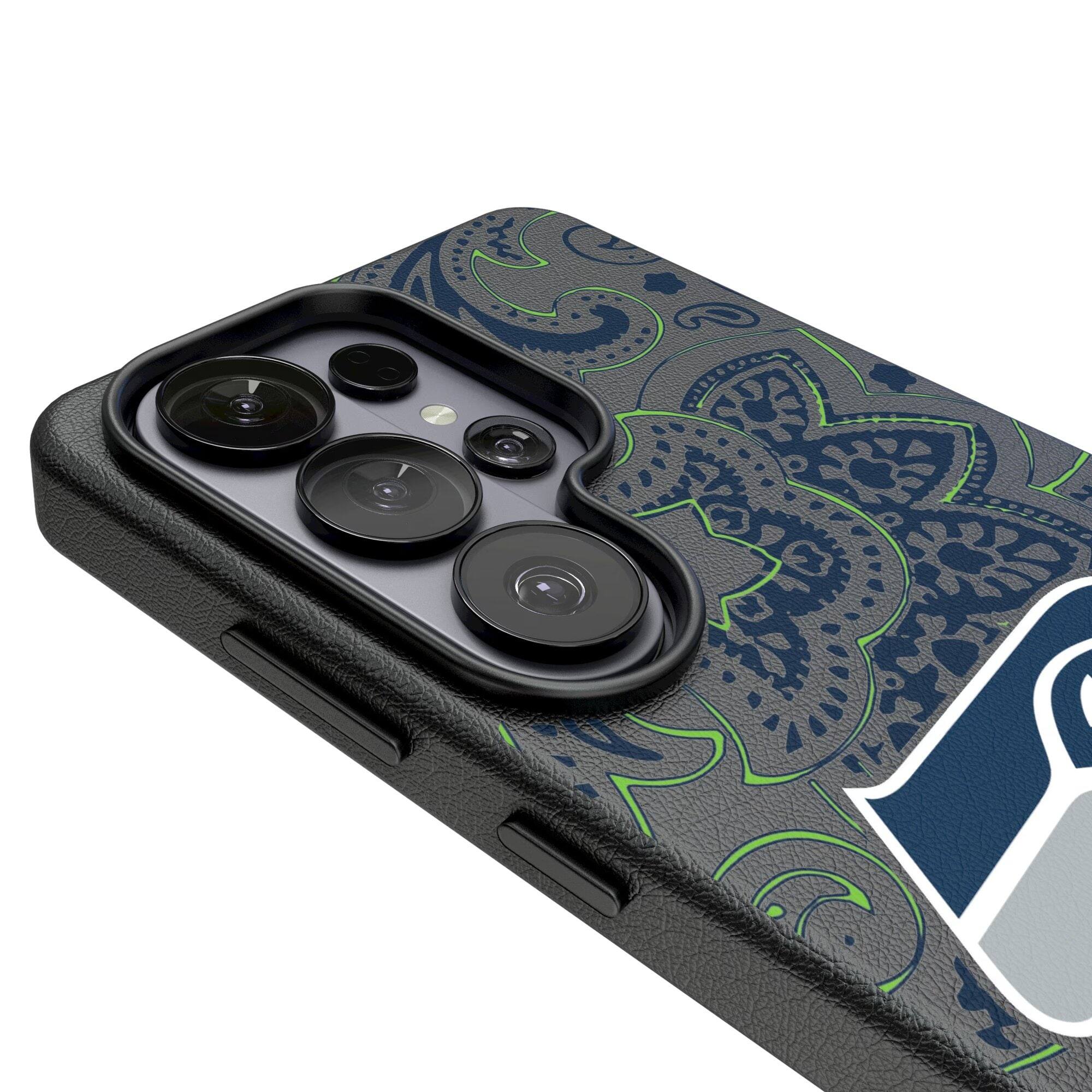 Alt View 2. Keyscaper - Seattle Seahawks Paisley Galaxy Magnetic Bump Case - S25 Ultra - Black.