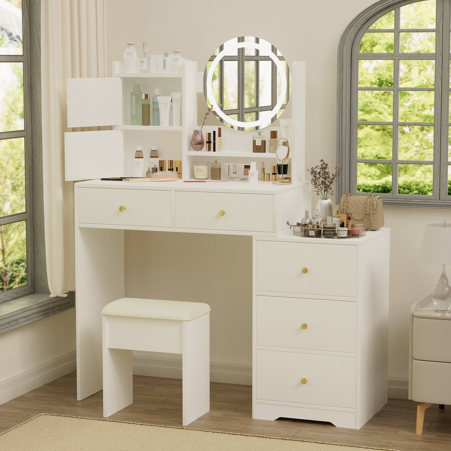 Left. Lirago - White Dresser Table Desk with Mirror Lights Wood Dressing Table Vanity 15.75”D x 47.24”W x 52.4”H - White.