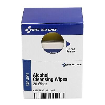 FIRST AID ONLY  
Lift and Remove  

Alcohol Cleansing Wipes  
20 Wipes  

ANSI/ISEA Z308.1-2015  

FAE-4001