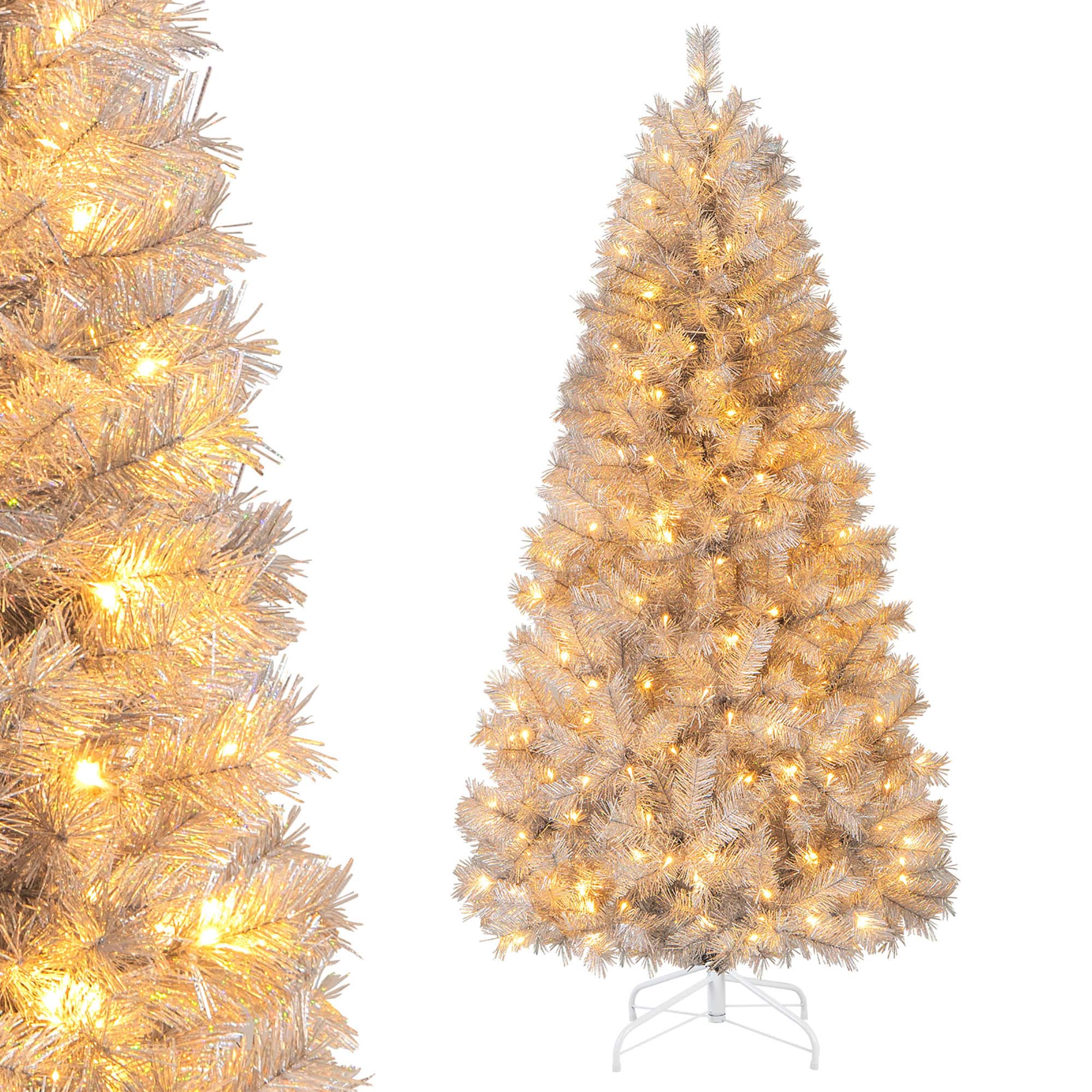 Gymax - 6 FT Pre-Lit Artificial Christmas Tree Tinsel Hinged Xmas Tree - Silver