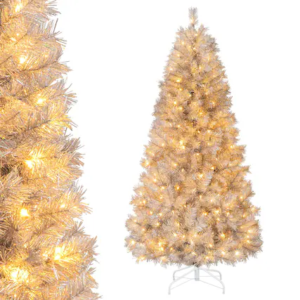 Front. Gymax - Gymax 6 FT Pre-Lit Artificial Christmas Tree Silver Tinsel Hinged Xmas Tree - Silver.