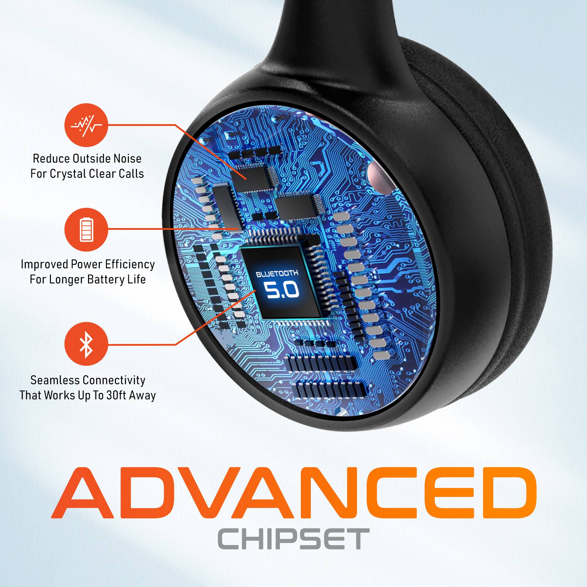 Reduce Outside Noise For Crystal Clear Calls, Improved Power Efficiency For Longer Battery Life, BLUETOOTH 5.0, Seamless Connectivity That Works Up To 30ft Away, ADVANCED CHIPSET