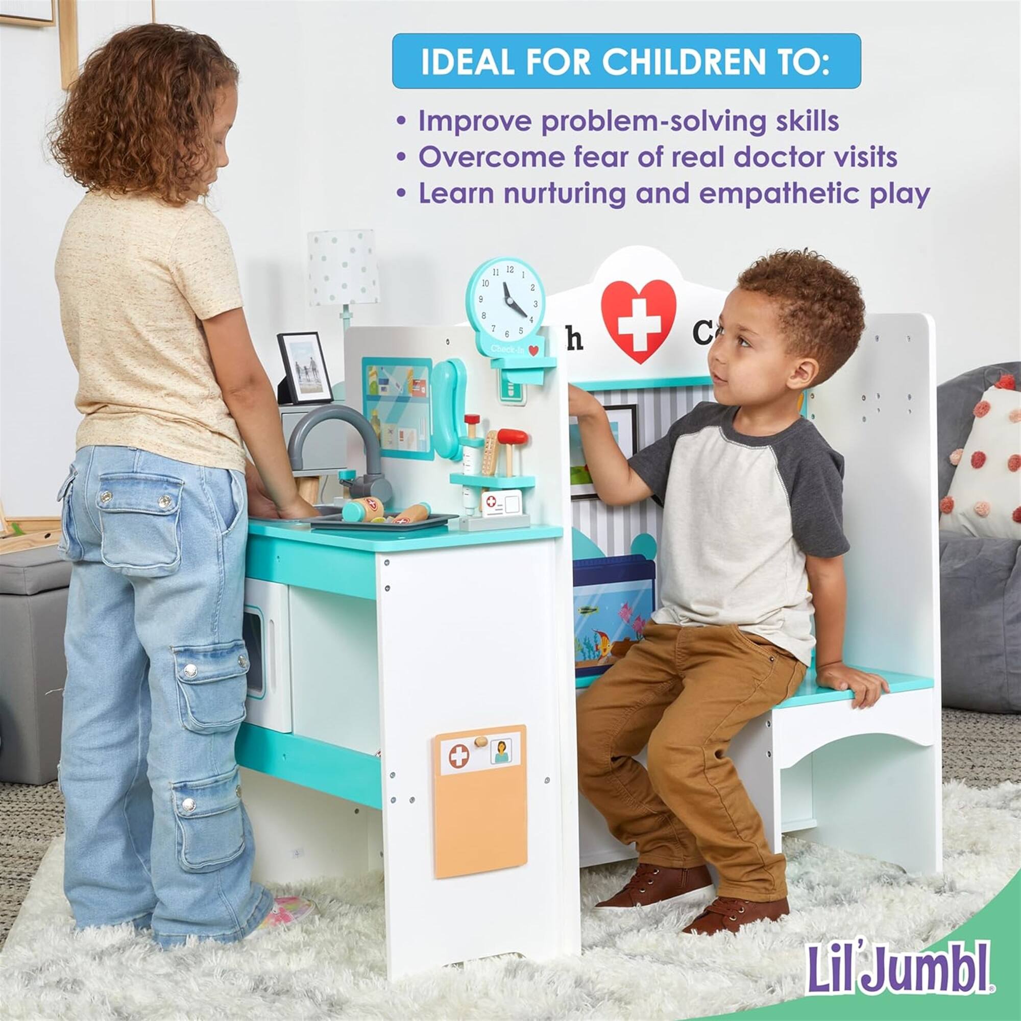 IDEAL FOR CHILDREN TO:
- Improve problem-solving skills
- Overcome fear of real doctor visits
- Learn nurturing and empathetic play

Lil'Jumbl