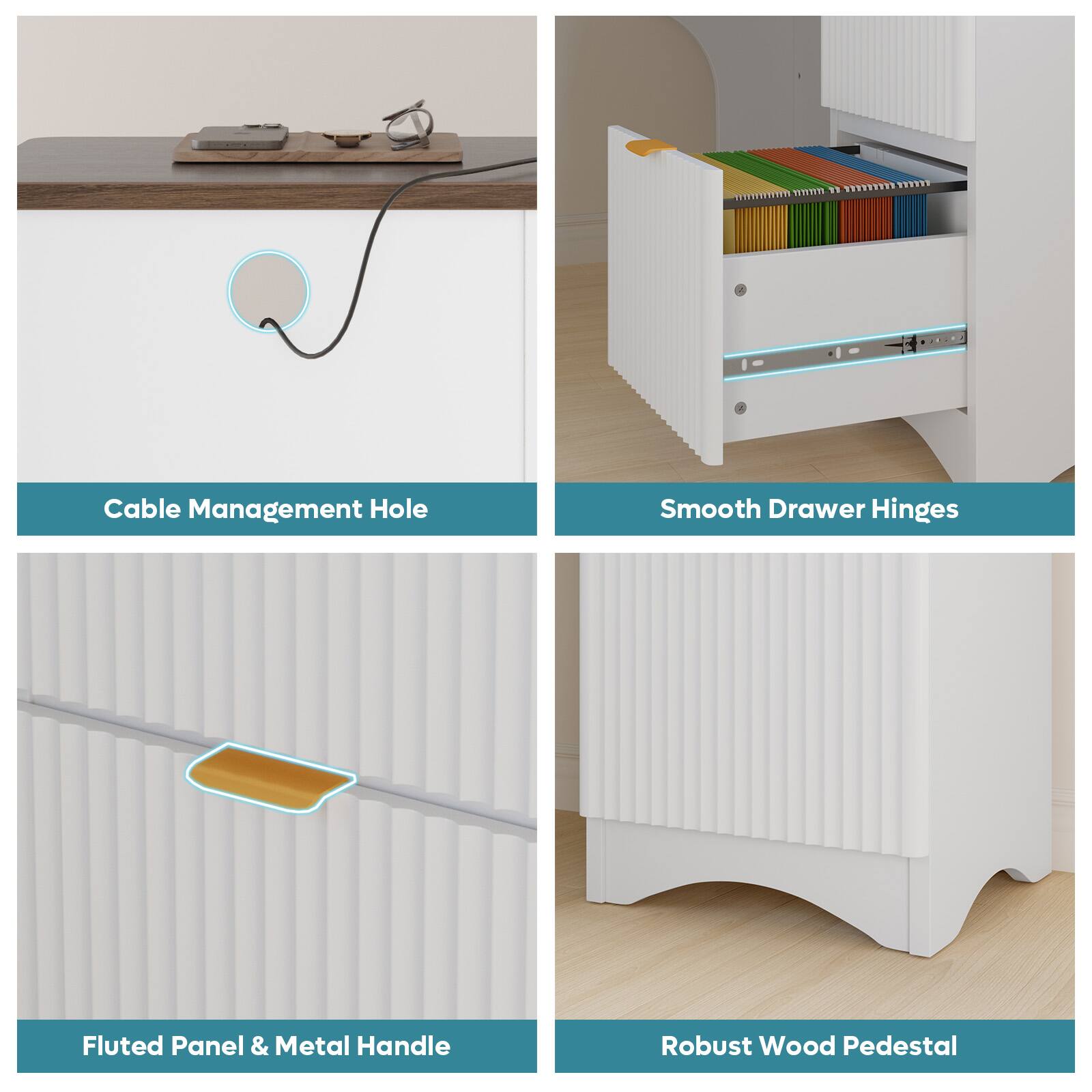 Cable Management Hole Smooth Drawer Hinges Fluted Panel & Metal Handle Robust Wood Pedestal