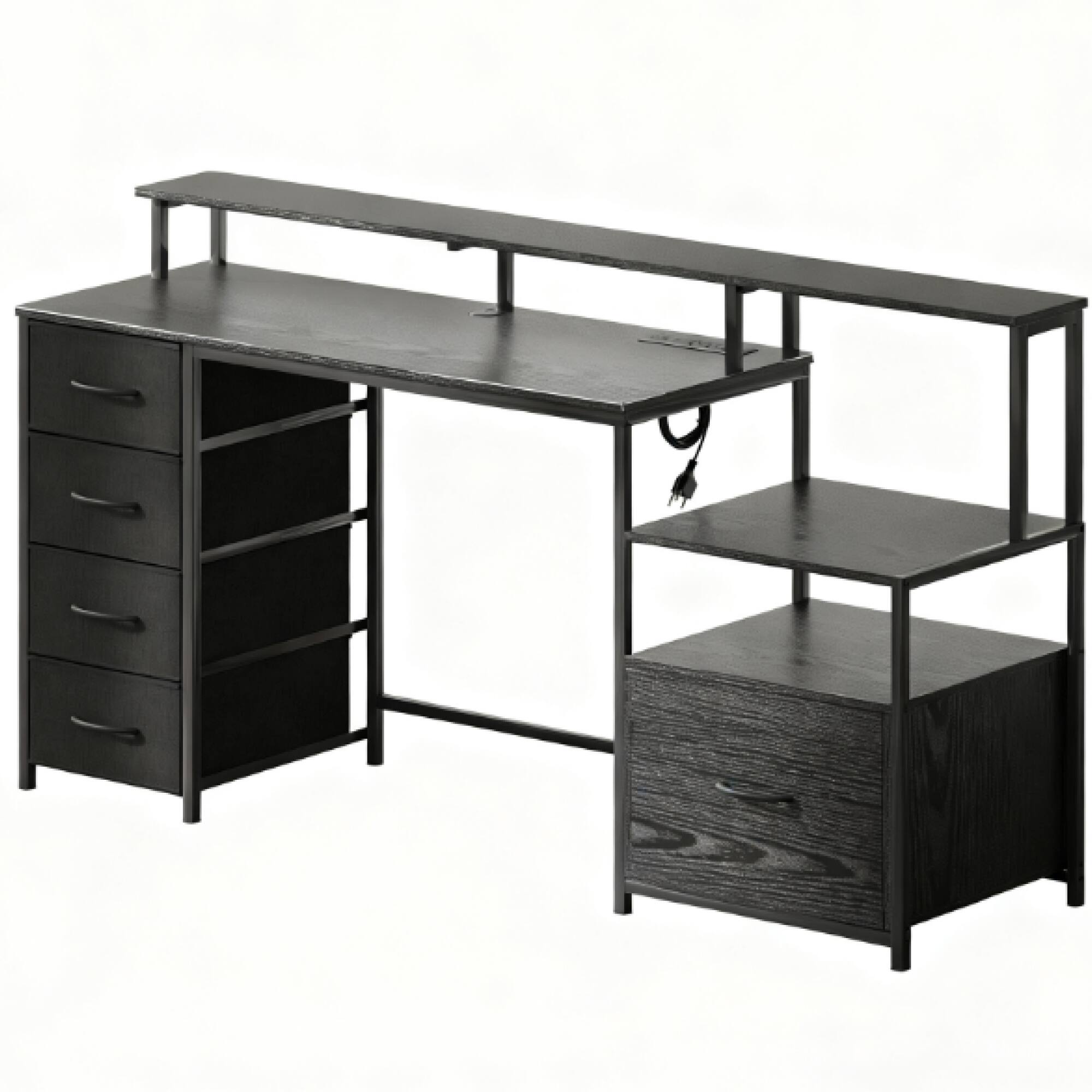 Angle. GOODSILO - Ergonomic Gaming Desk with Charging Station, LED Lighting, and Multi-Tier Storage Cabinet for Home Office Setup - Distressed Black.