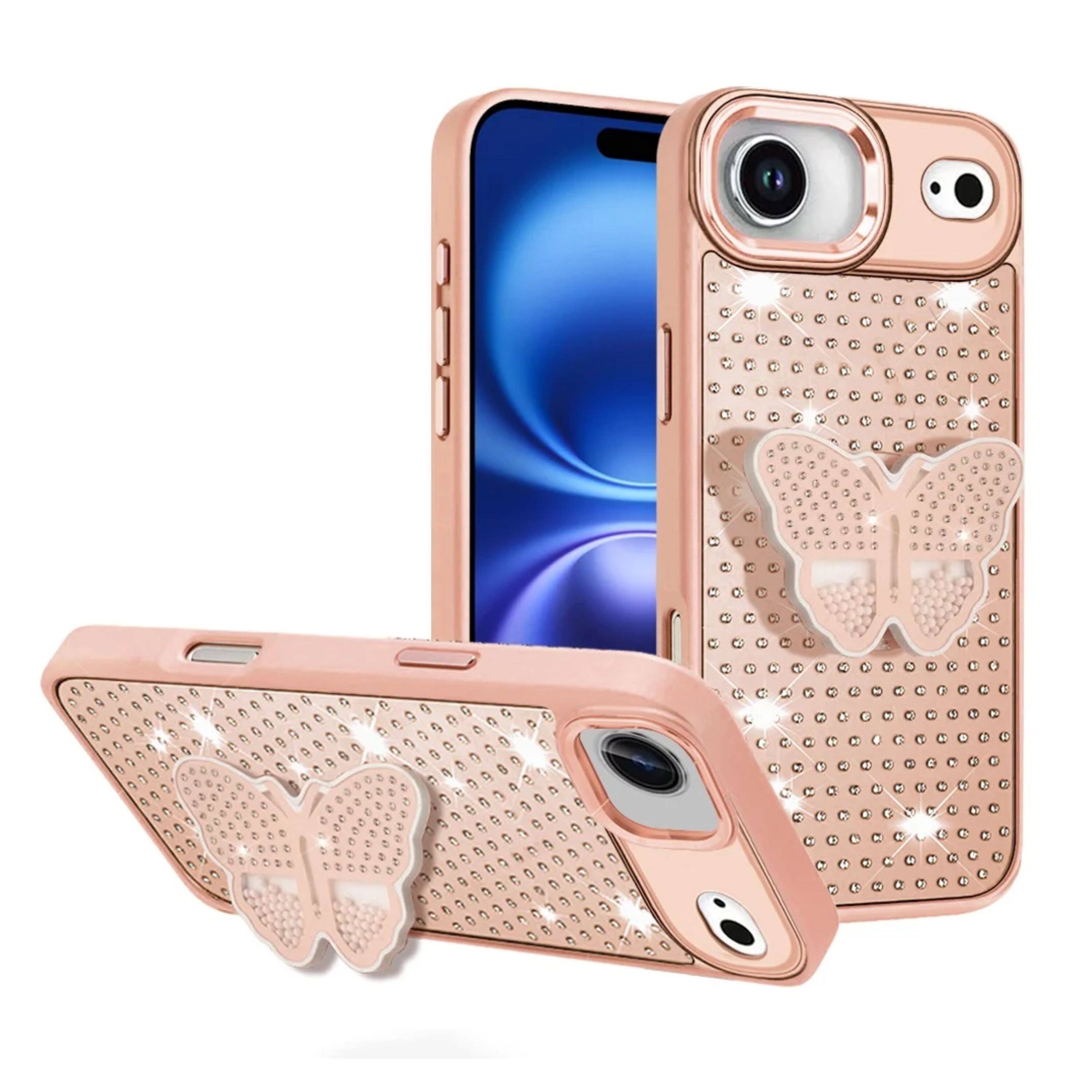 Angle. Kitcheniva - Butterfly Grip Stand Faux Crystals Phone Case With Tempered Glass For iPhone Air Rose Gold - Rose Gold.