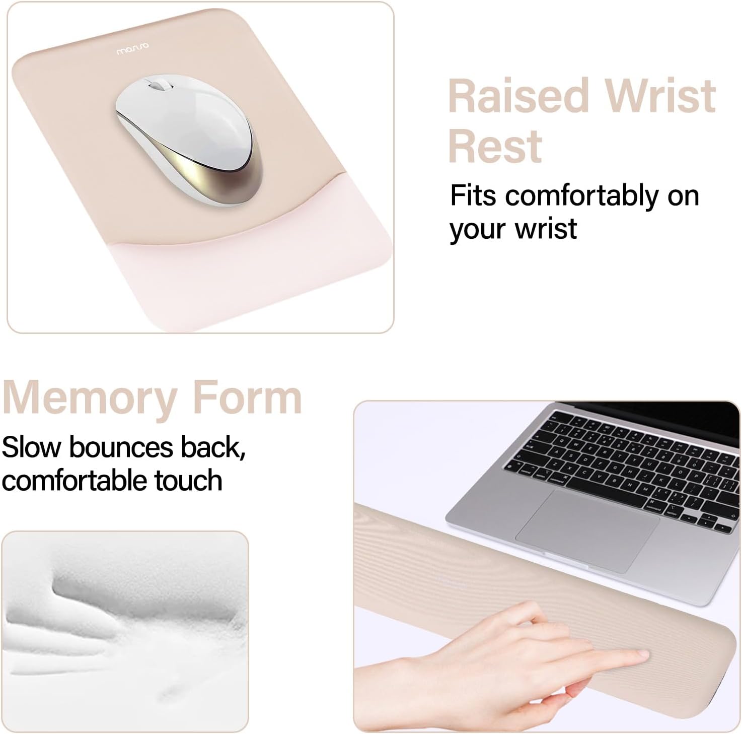 manro Raised Wrist Rest Fits comfortably on your wrist Memory Form Slow bounces back, comfortable touch