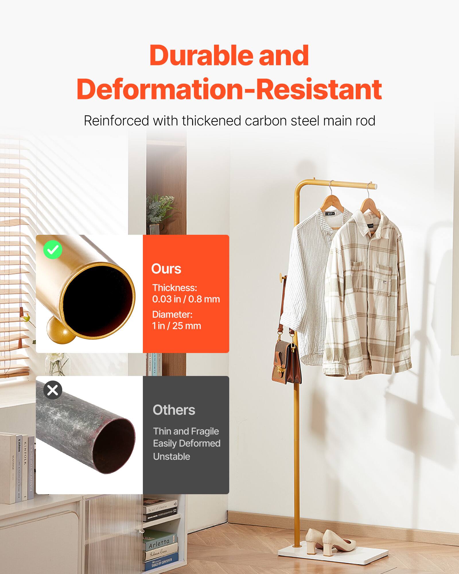 Durable and Deformation-Resistant  
Reinforced with thickened carbon steel main rod  

Ours  
Thickness: 0.03 in / 0.8 mm  
Diameter: 1 in / 25 mm  

Others  
Thin and Fragile  
Easily Deformed  
Unstable