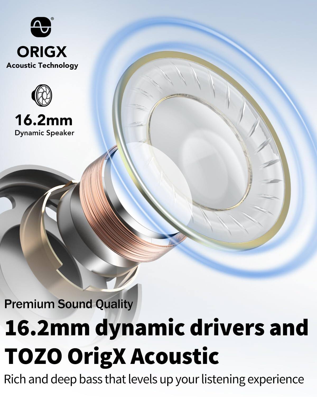 ORIGX  
Acoustic Technology  

16.2mm Dynamic Speaker  

Premium Sound Quality  
16.2mm dynamic drivers and TOZO OrigX Acoustic  
Rich and deep bass that levels up your listening experience