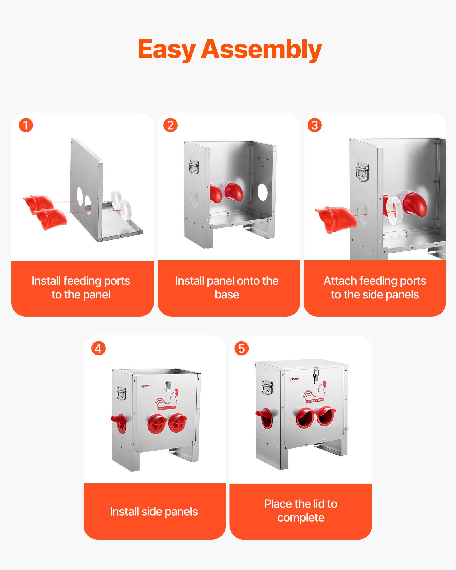 Easy Assembly

1. Install feeding ports to the panel
2. Install panel onto the base
3. Attach feeding ports to the side panels
4. Install side panels
5. Place the lid to complete
