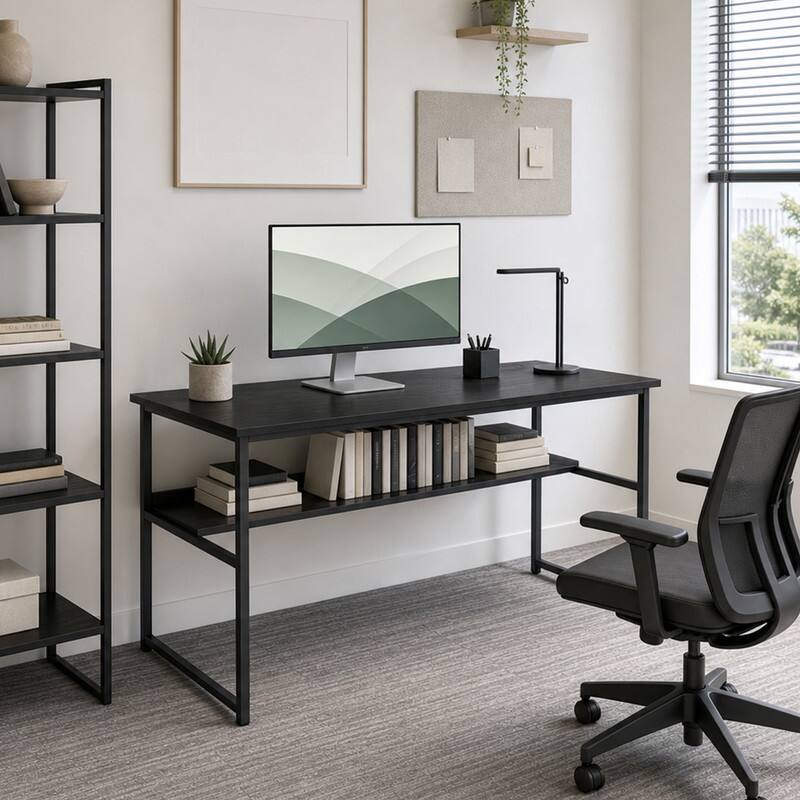 Angle. WELLFOR - 55" Computer Desk with Power Outlets & Shelf, Home Office Desk Writing Desk with Adjustable Foot Pads - Black.