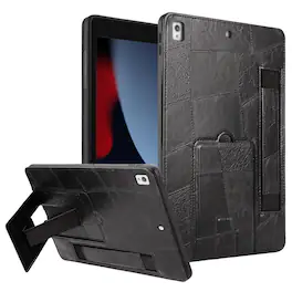 Dteck - Leather Texture Case for Apple iPad (9th Generation) 10.2" 2021, Shockproof Cover with Multi-Angle Stand and Hand Strap - Black