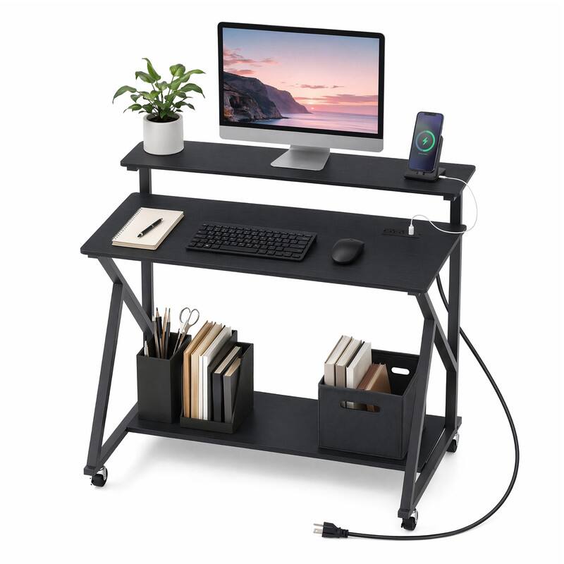 Alt View 4. WELLFOR - 39.5" Mobile Computer Desk with Charging Station and Monitor Shelf, Rolling Home Office Desk for Small Spaces - Black.